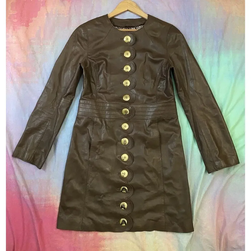 TORY BURCH Cordelia Scalloped 100% Lamb Leather Jacket Logo Buttons Long Size 6